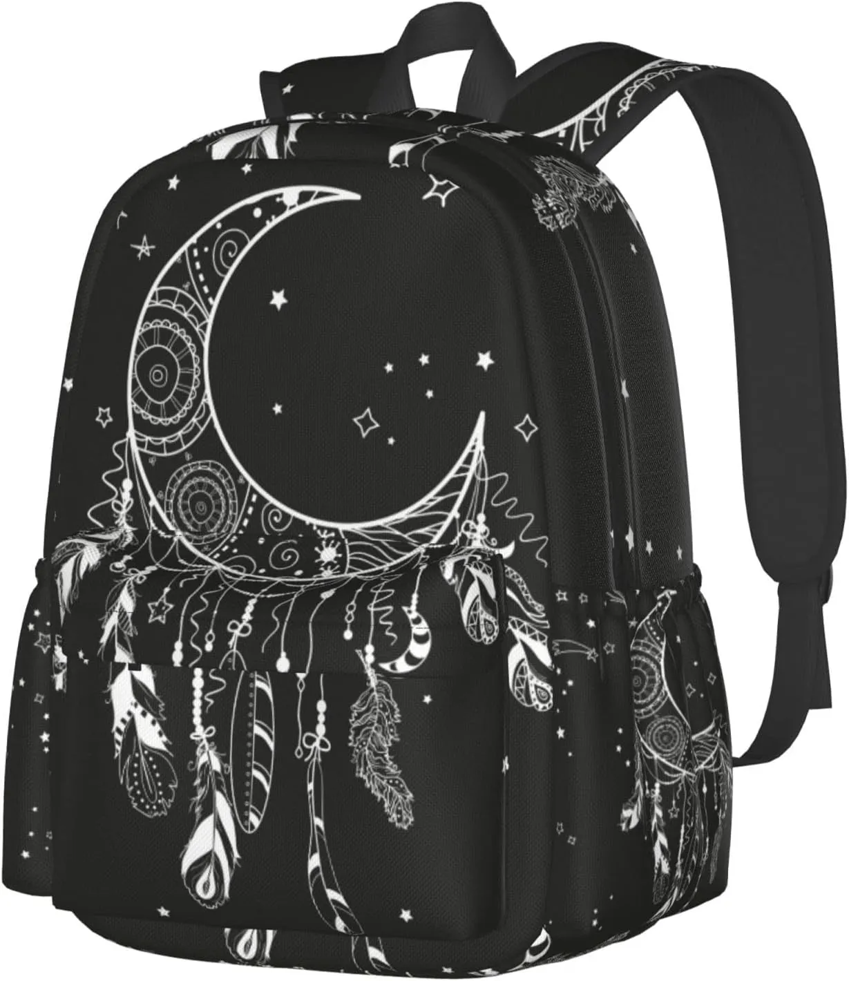 SUPLUCHOM School Backpack Boho Moon Magic Dreamcatcher Casual Daypack Men Women Polyester Laptop Bag with Side Pockets Bookbag for Travel Hiking Work Student Over 3 Years Old Kids