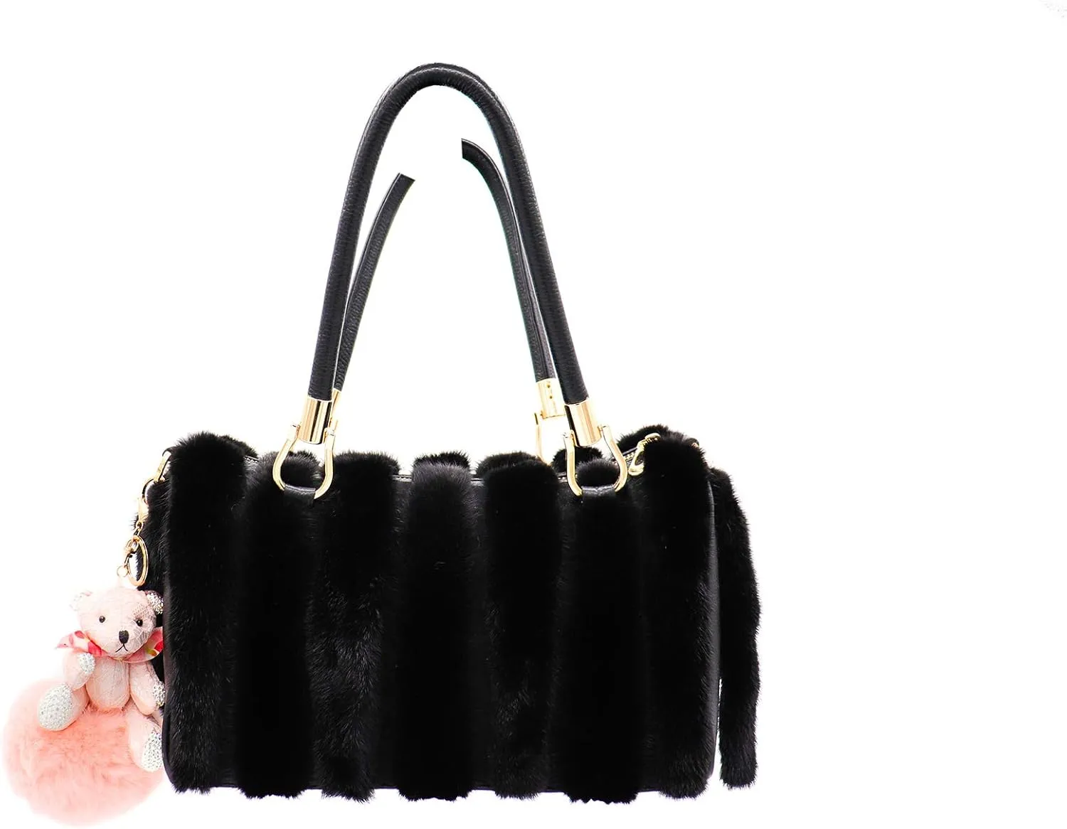 surell Real Rex Rabbit Fur Bear Keychain - Sparkly Pom-Pom Bag Charm with Gold Ring - Cute Fluffy Accessory Gift