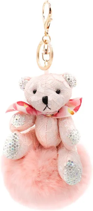 surell Real Rex Rabbit Fur Bear Keychain - Sparkly Pom-Pom Bag Charm with Gold Ring - Cute Fluffy Accessory Gift