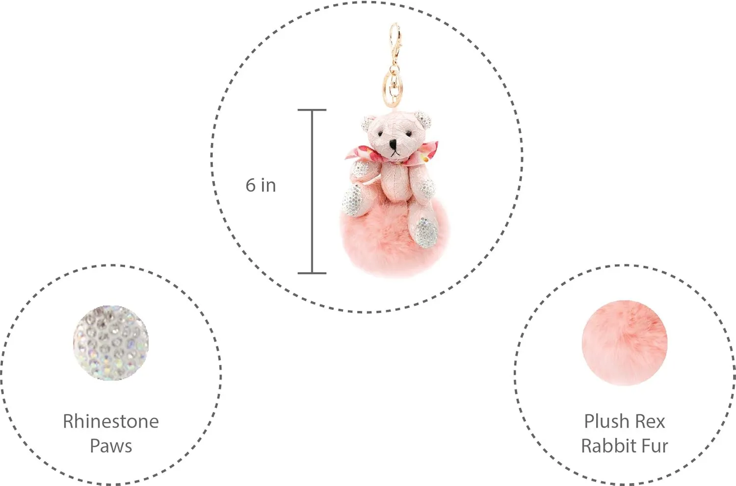 surell Real Rex Rabbit Fur Bear Keychain - Sparkly Pom-Pom Bag Charm with Gold Ring - Cute Fluffy Accessory Gift