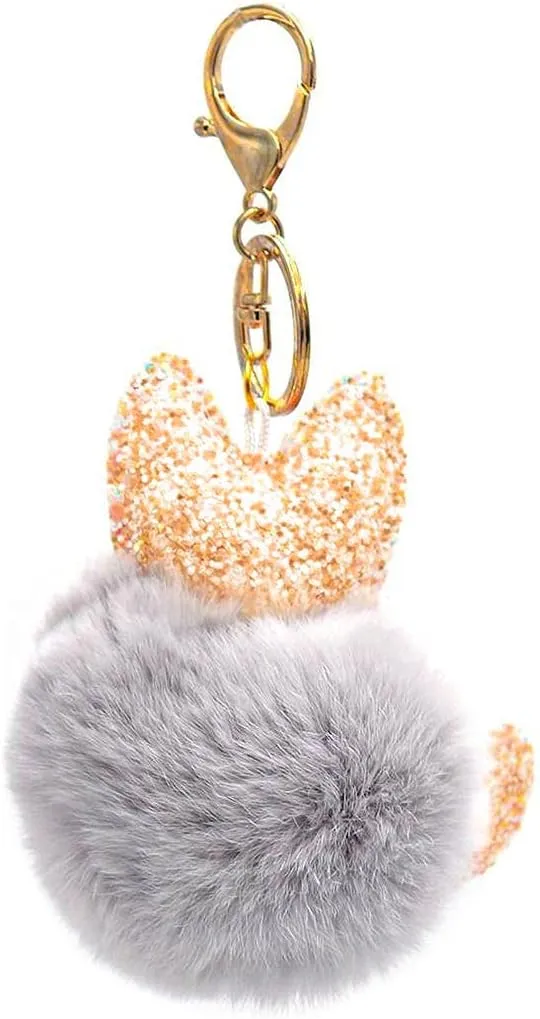 surell Rex Rabbit Fur Cat Pom-Pom Keychain - Sparkly Kitty Plush Animal Key Chain for Girls