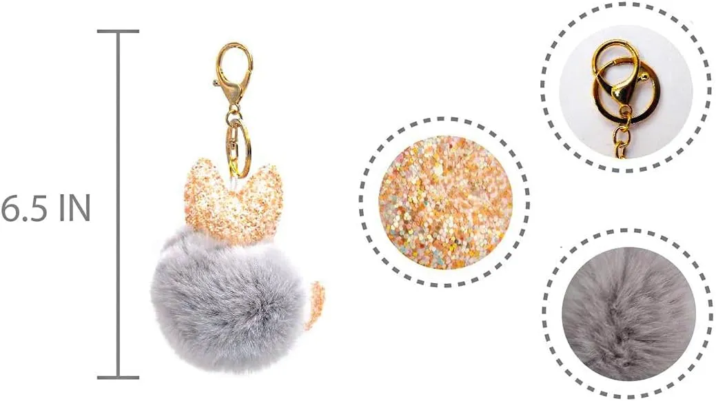 surell Rex Rabbit Fur Cat Pom-Pom Keychain - Sparkly Kitty Plush Animal Key Chain for Girls
