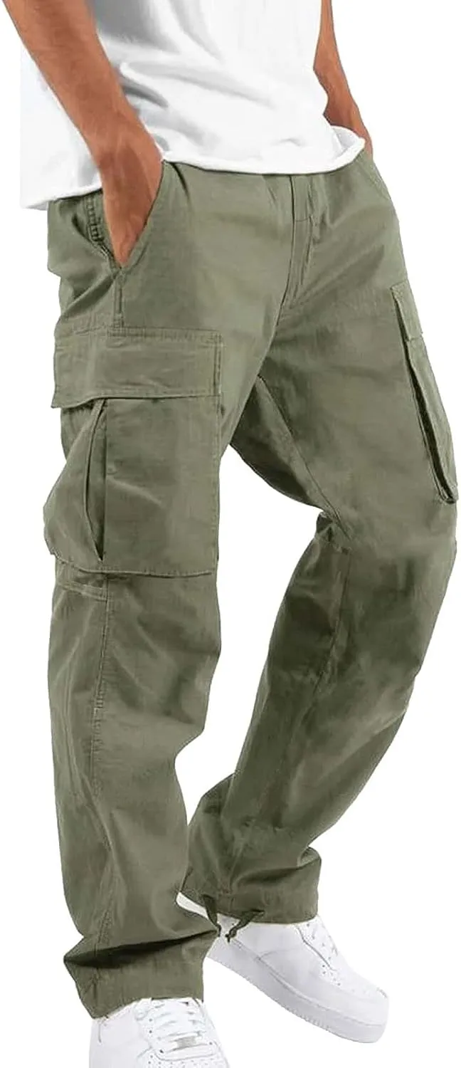Sweatpants for Men Cotton Casual Waist Men Solid with Pockets Waist Trousers Elastic Men's Stretch Waist Cargo