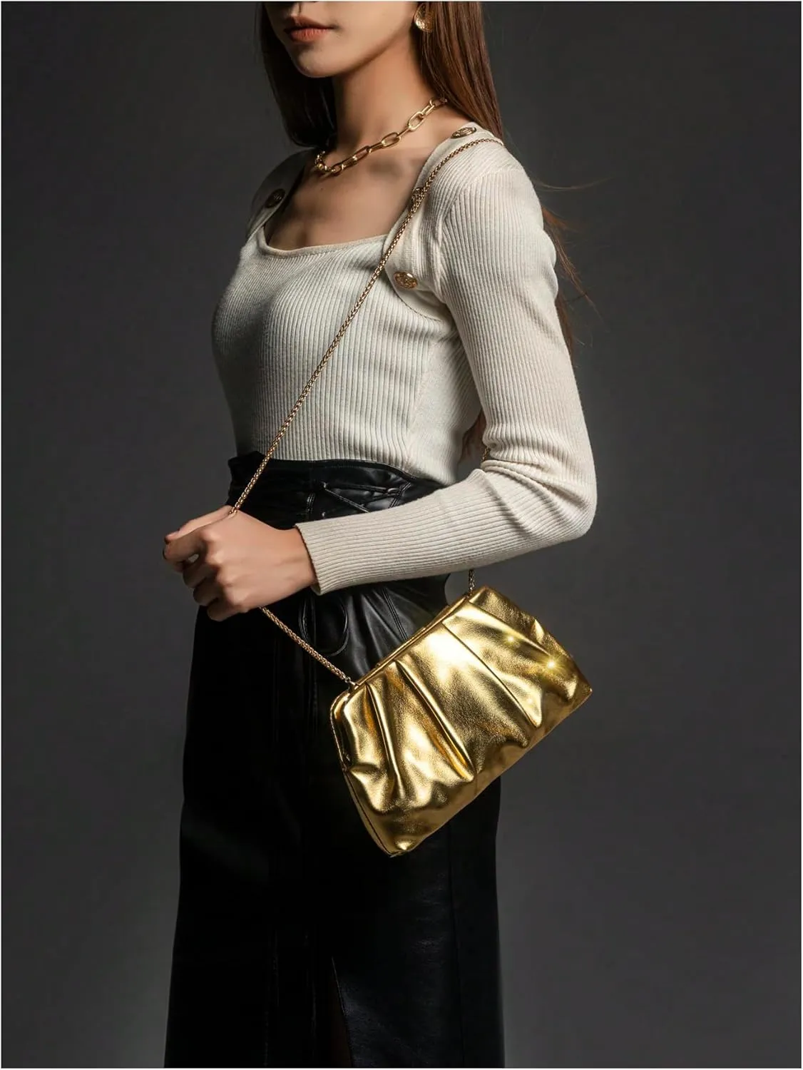 SweatyRocks Women's Metallic Ruched Evening Bags Wedding Prom Clutch Purses Crossbody Handbags