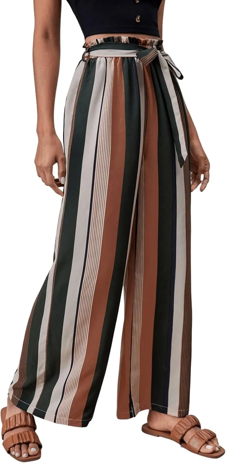 SweatyRocks Women's Striped High Waisted Wide Leg Belted Pants Loose Fit Paper Bag Trousers