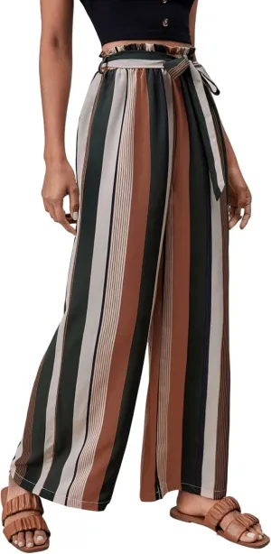 SweatyRocks Women's Striped High Waisted Wide Leg Belted Pants Loose Fit Paper Bag Trousers