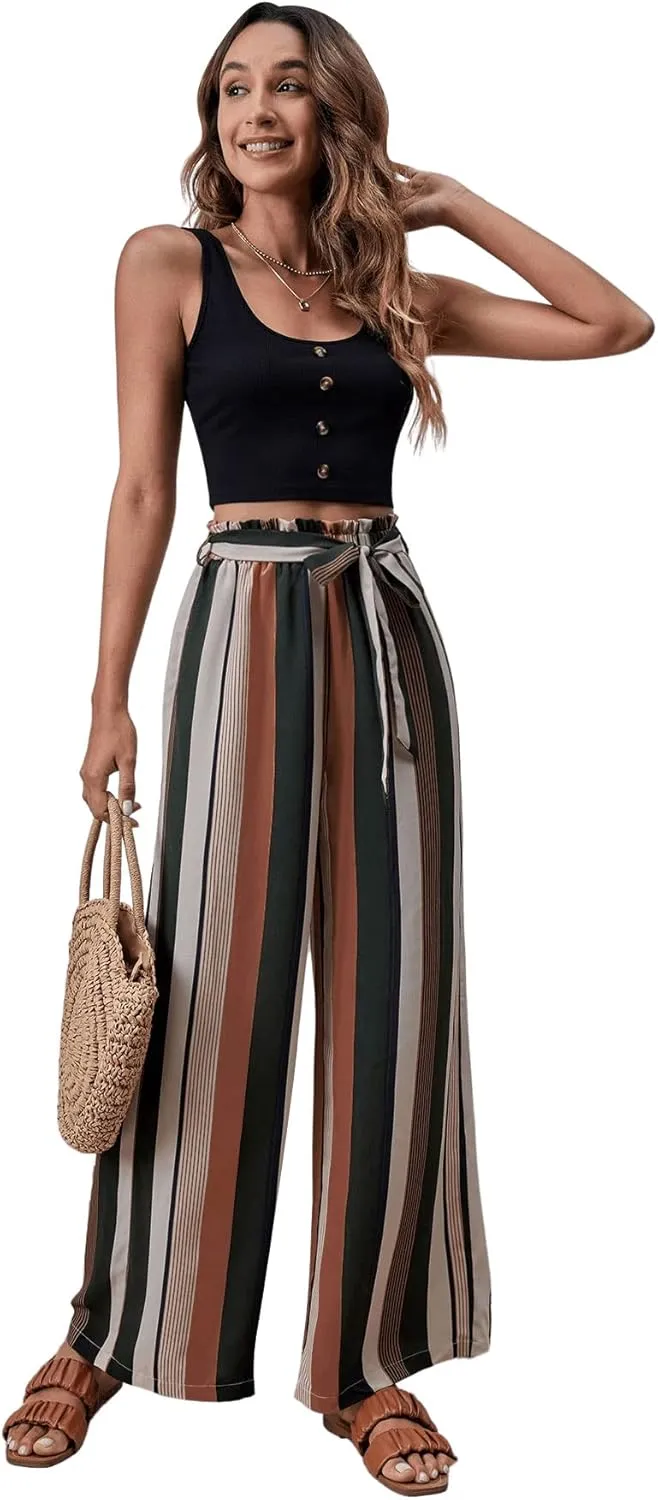 SweatyRocks Women's Striped High Waisted Wide Leg Belted Pants Loose Fit Paper Bag Trousers