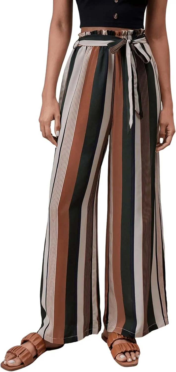 SweatyRocks Women's Striped High Waisted Wide Leg Belted Pants Loose Fit Paper Bag Trousers