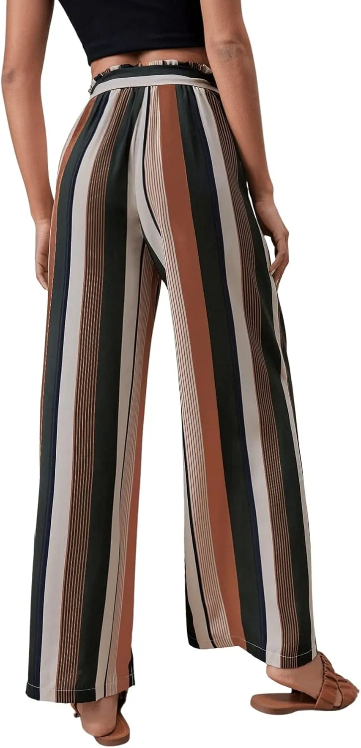 SweatyRocks Women's Striped High Waisted Wide Leg Belted Pants Loose Fit Paper Bag Trousers