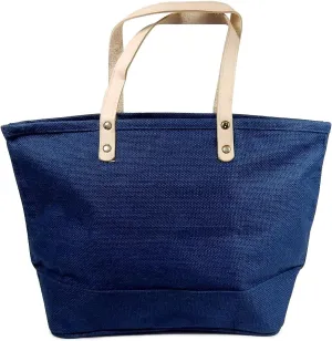 Sweda Jute Tote Bag with Leather Handles & Zipper Closure - Stylish Burlap Shopping Tote, Eco-Friendly Handbag for Women, Durable Navy Blue Purse, Reusable and Versatile