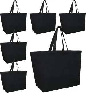 Sweetude 6 Extra Large Canvas Tote Bags Heavy Duty Grocery Beach Totes 28 x 8 x 16 Inch Reusable Shopping Bags with Handles Plain Solid Black