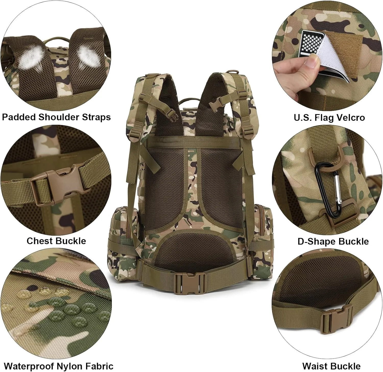 Tactical Backpack for Men Women, Large Waterproof Military Backpack Detachable Molle Backpack Army Assault Pack (CP Camo)