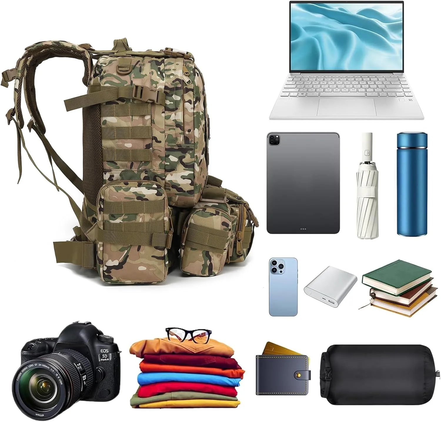 Tactical Backpack for Men Women, Large Waterproof Military Backpack Detachable Molle Backpack Army Assault Pack (CP Camo)