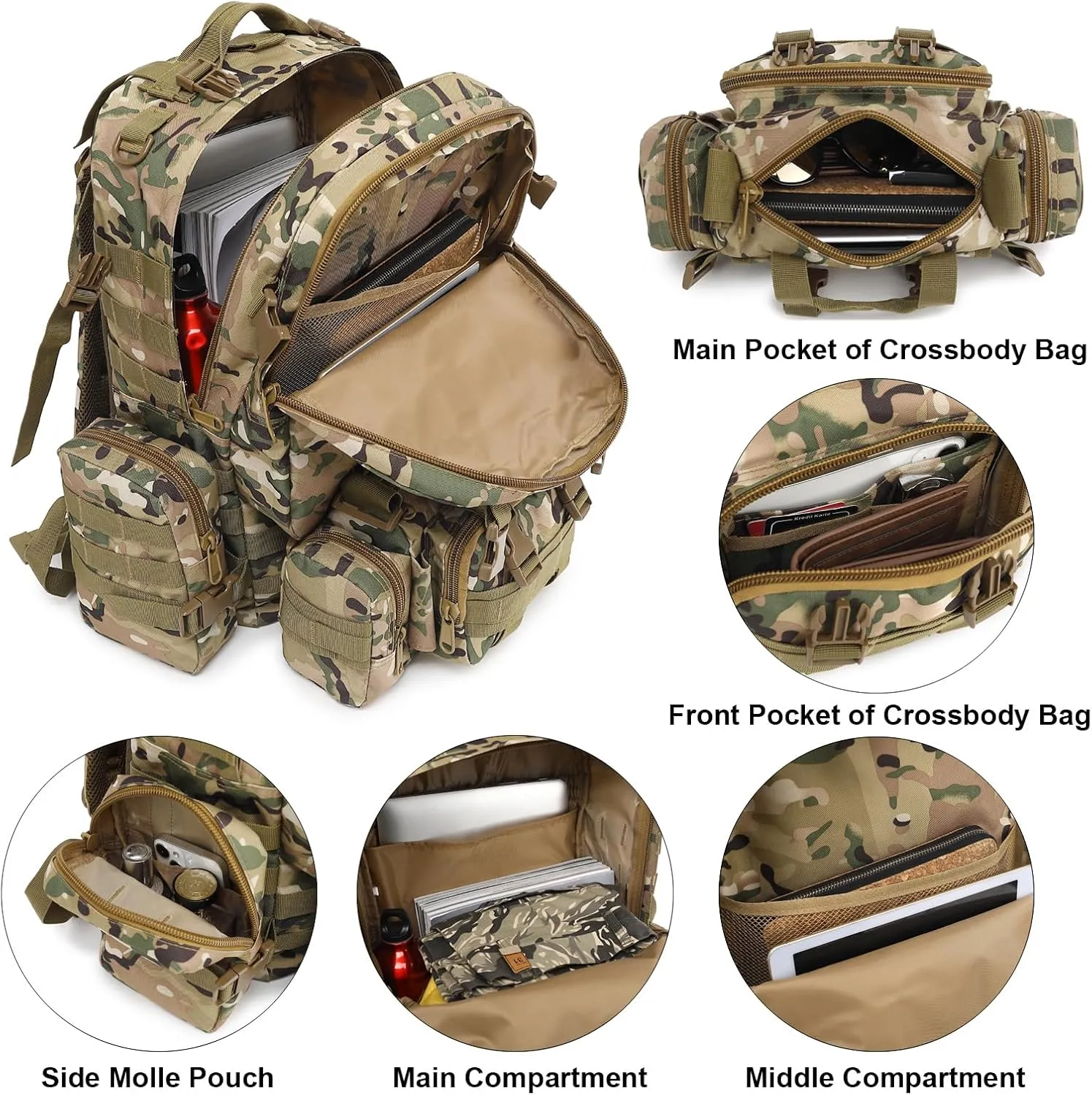 Tactical Backpack for Men Women, Large Waterproof Military Backpack Detachable Molle Backpack Army Assault Pack (CP Camo)