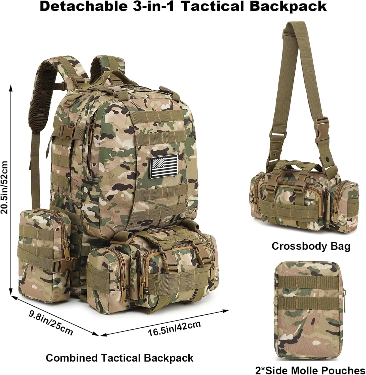Tactical Backpack for Men Women, Large Waterproof Military Backpack Detachable Molle Backpack Army Assault Pack (CP Camo)