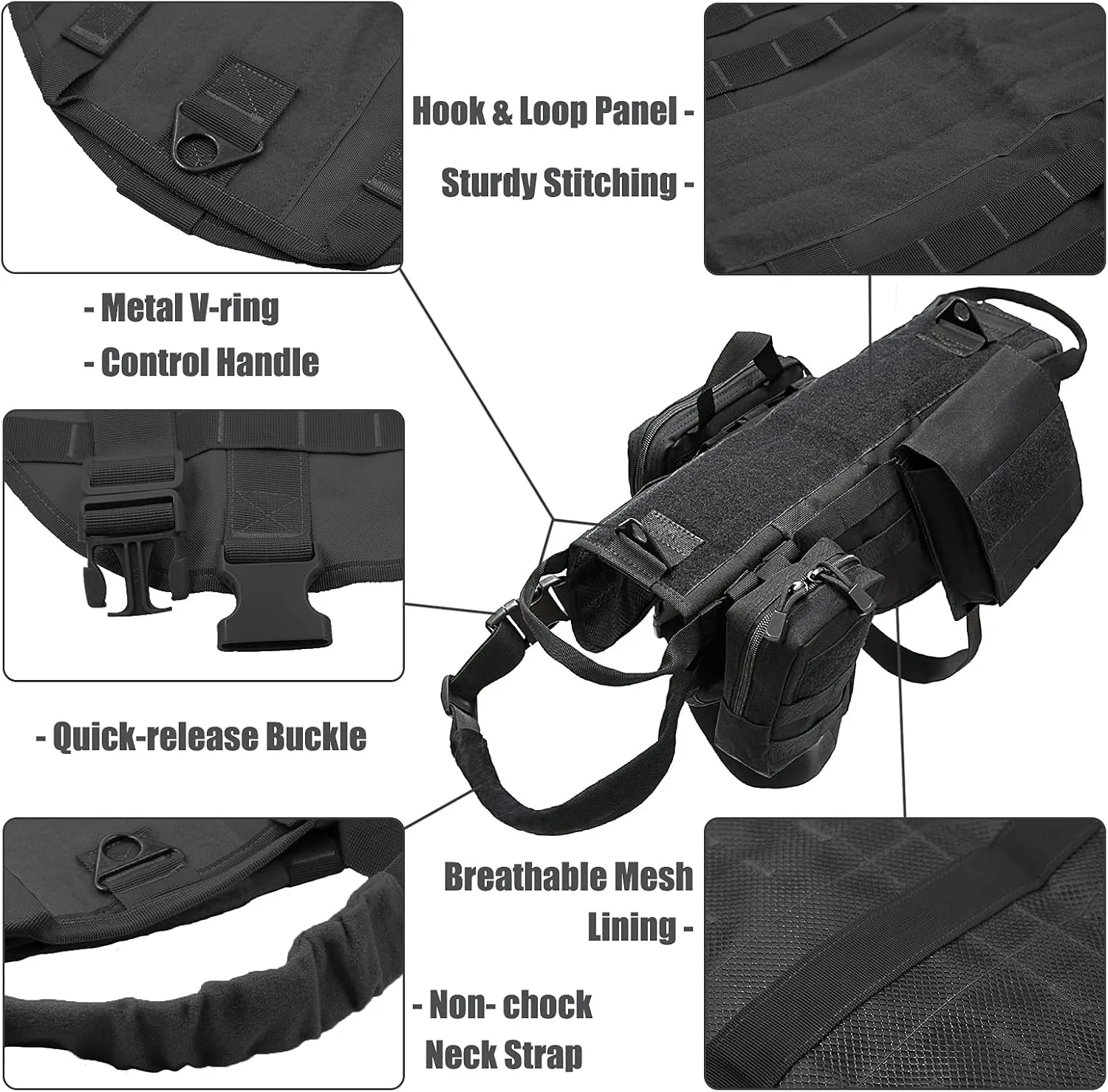 Tactical Dog Harness with Pouches,Dog Vest Harness for Large Medium Dogs No-Pull Adjustable Military Dog Harness with Handle Walking Hiking Training (Black, S)