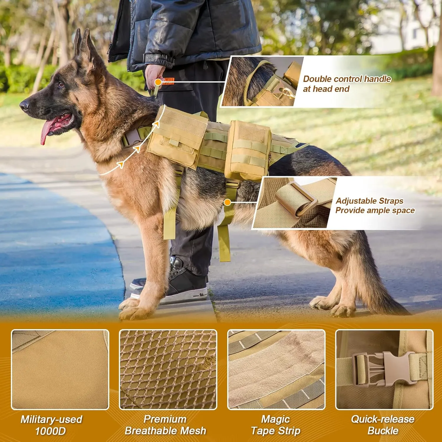 Tactical Dog Harness with Pouches,Dog Vest Harness for Large Medium Dogs No-Pull Adjustable Military Dog Harness with Handle Walking Hiking Training (Black, S)