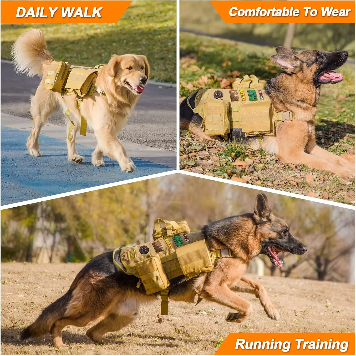 Tactical Dog Harness with Pouches,Dog Vest Harness for Large Medium Dogs No-Pull Adjustable Military Dog Harness with Handle Walking Hiking Training (Black, S)