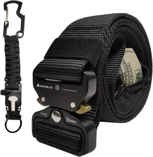 Tactical Style Travel Money Belts - Hidden Pocket Concealed Zipper Nylon Belt for Man Waist Below 42 Inches Included EDC Paracord Keychain 2 Items in Pack - Black