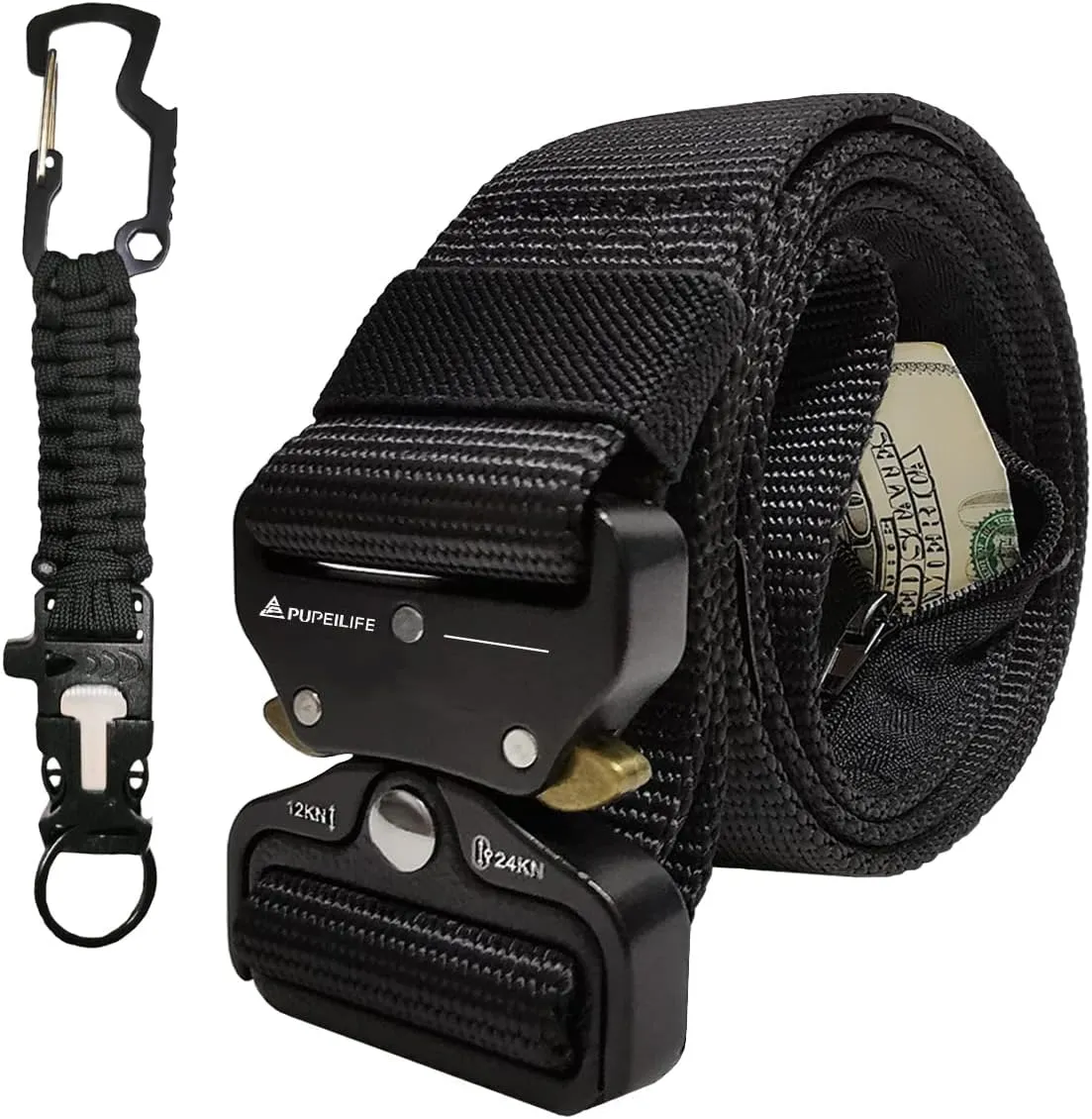 Tactical Style Travel Money Belts - Hidden Pocket Concealed Zipper Nylon Belt for Man Waist Below 42 Inches Included EDC Paracord Keychain 2 Items in Pack - Black