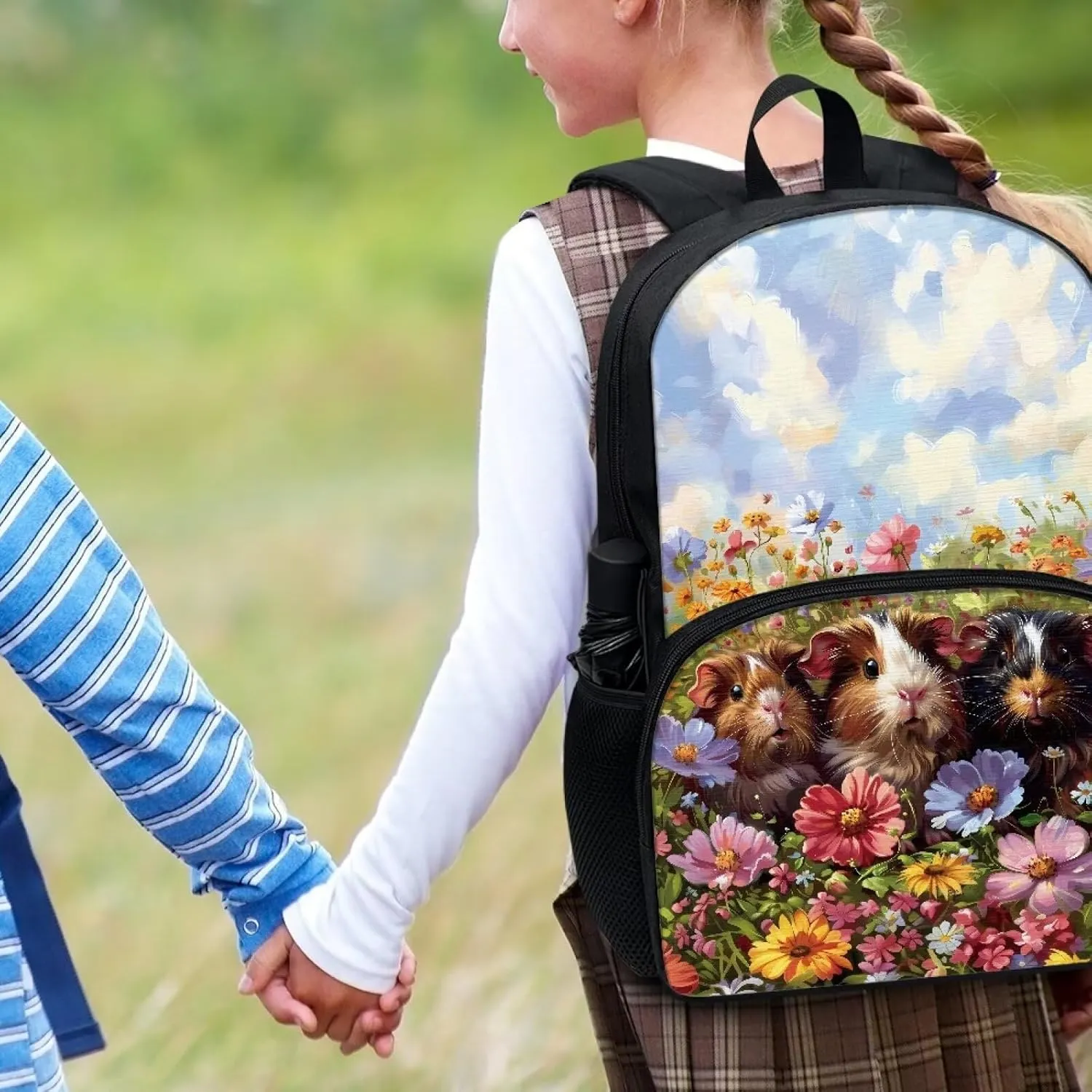 Talayituse Guinea Pig Daisy Flower Print Backpacks for Kids Girls 17 Inches Lightweight Casual Daypack Schoolbag Bookbag with Adjustable Shoulder Strap for School Travel