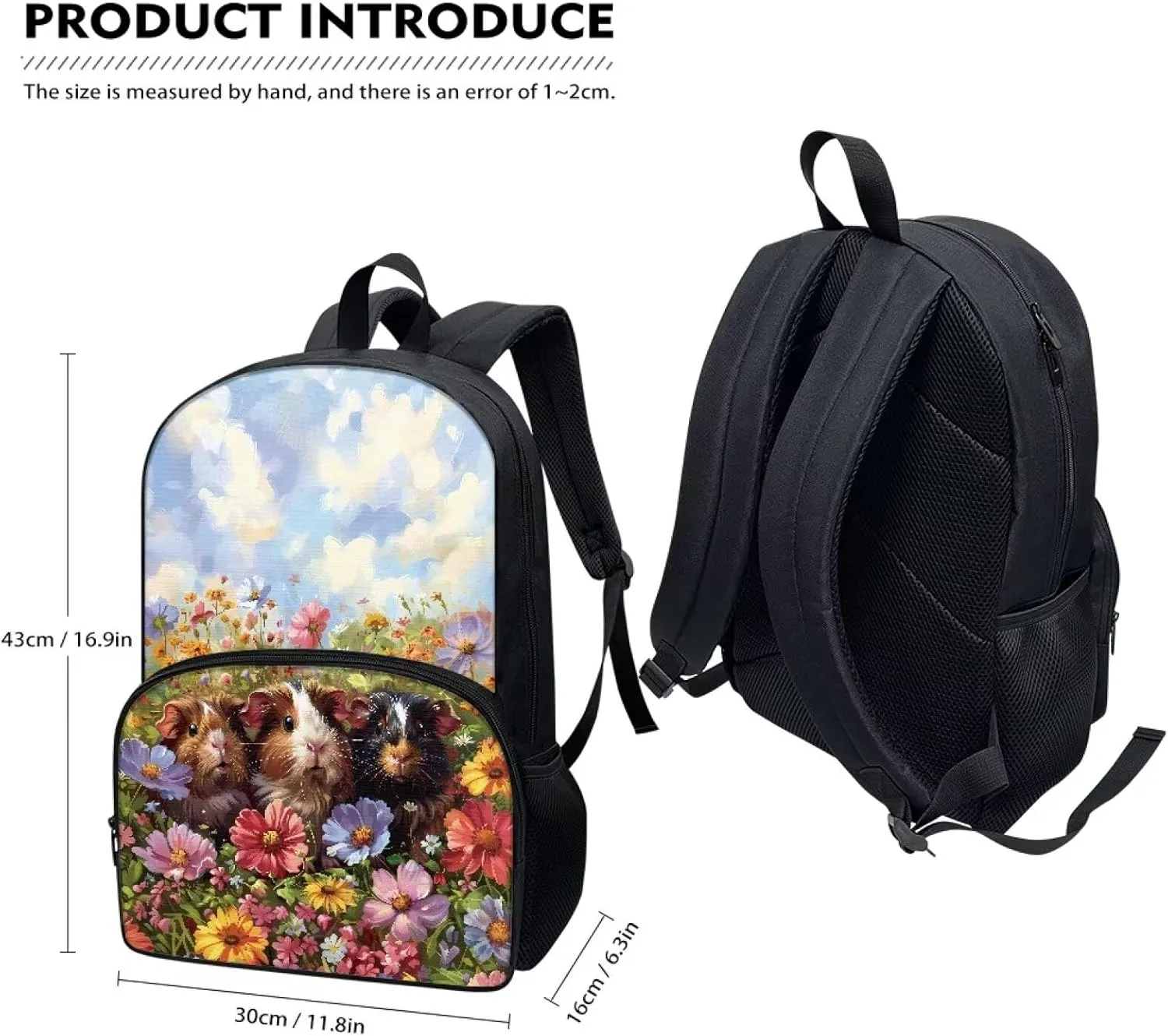 Talayituse Guinea Pig Daisy Flower Print Backpacks for Kids Girls 17 Inches Lightweight Casual Daypack Schoolbag Bookbag with Adjustable Shoulder Strap for School Travel