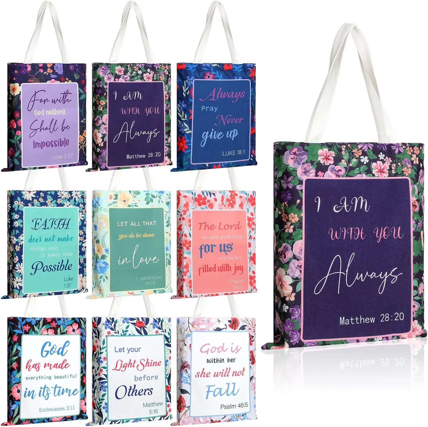 Talltalk 9 Pcs Christian Tote Bags Bible for Women Canvas Floral Verse Inspirational Religious Shopping Wedding Church Gifts(Flower)