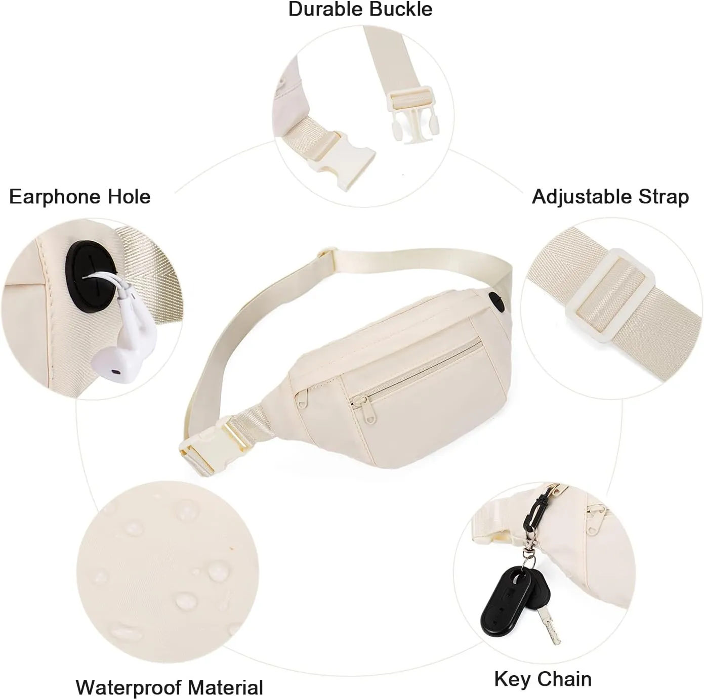Telena Crossbody Fanny Pack for Women Men Fashion Waist Pack Belt Bag with 4-Zipper Pockets for Hiking Running Travel, Beige