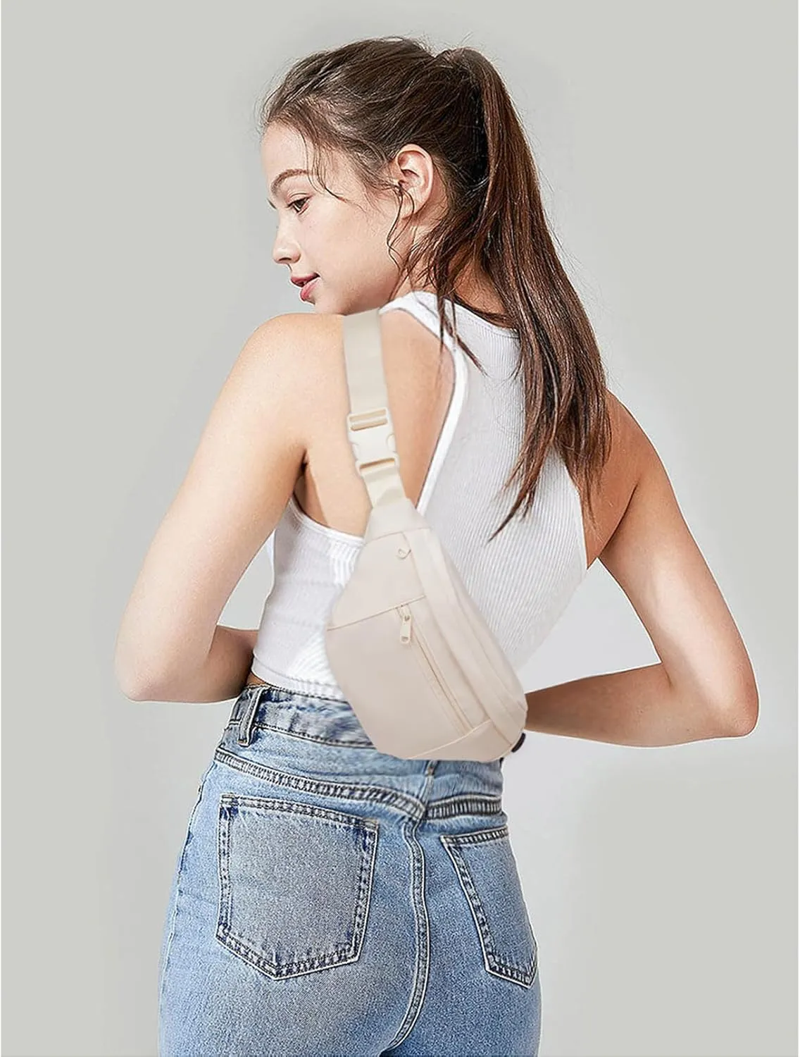 Telena Crossbody Fanny Pack for Women Men Fashion Waist Pack Belt Bag with 4-Zipper Pockets for Hiking Running Travel, Beige