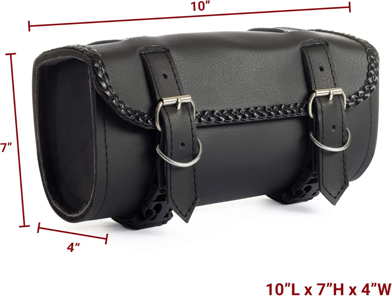 The Nekid Cow | Motorcycle Storage Bag Premium Synthetic Black Plain PVC Leather 2 Strap Closer Tool Bag Pouch for Saddle Bag Sissy Bars, Fork Handlebars or Windshield (Braided)