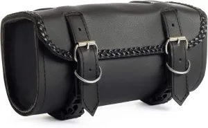 The Nekid Cow | Motorcycle Storage Bag Premium Synthetic Black Plain PVC Leather 2 Strap Closer Tool Bag Pouch for Saddle Bag Sissy Bars, Fork Handlebars or Windshield (Braided)