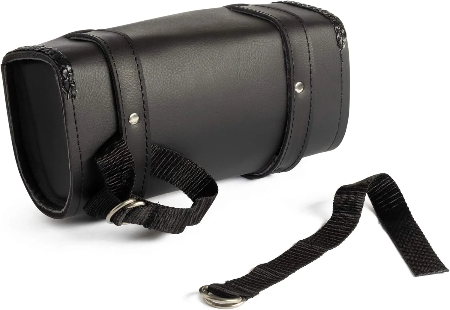 The Nekid Cow | Motorcycle Storage Bag Premium Synthetic Black Plain PVC Leather 2 Strap Closer Tool Bag Pouch for Saddle Bag Sissy Bars, Fork Handlebars or Windshield (Braided)