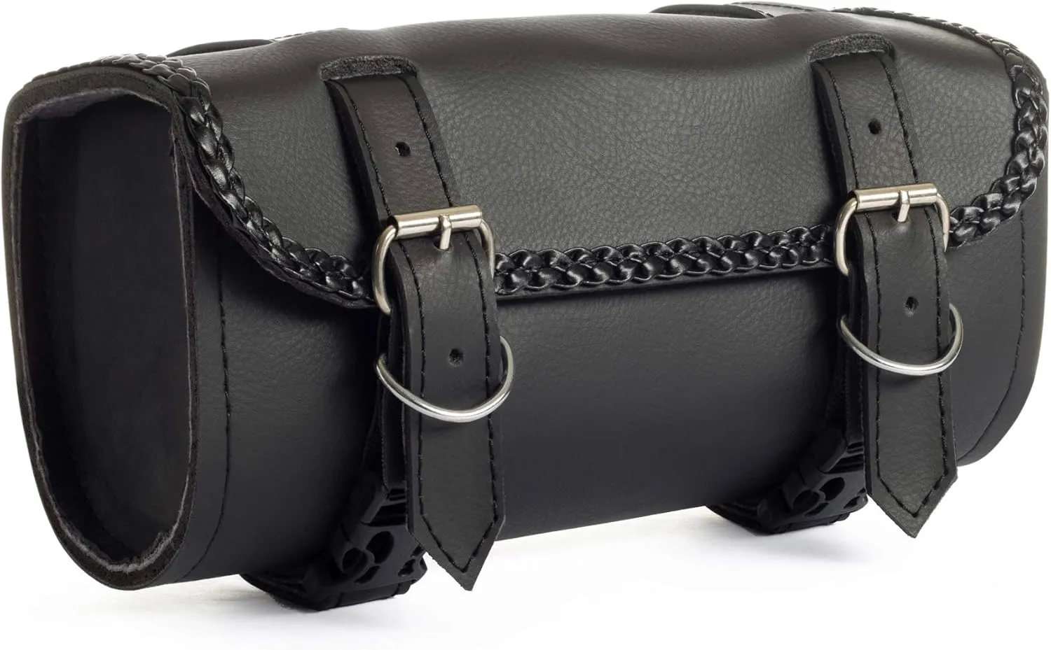The Nekid Cow | Motorcycle Storage Bag Premium Synthetic Black Plain PVC Leather 2 Strap Closer Tool Bag Pouch for Saddle Bag Sissy Bars, Fork Handlebars or Windshield (Braided)