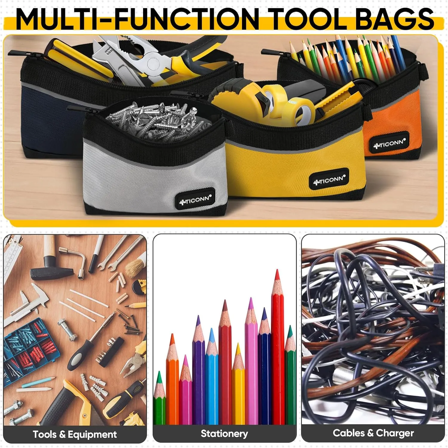 TICONN Tool Pouches with Zipper, 1680D Oxford Small Tool Bags, Waterproof Utility Bag Zipper Pouch for Tool Organizers and Storage (9 Pack Medium)