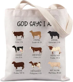 TIIMG God says I am Tote Bag Scripture Gift Verse Gift Cows Handbag Faith Gift Christian Inspirational Gift