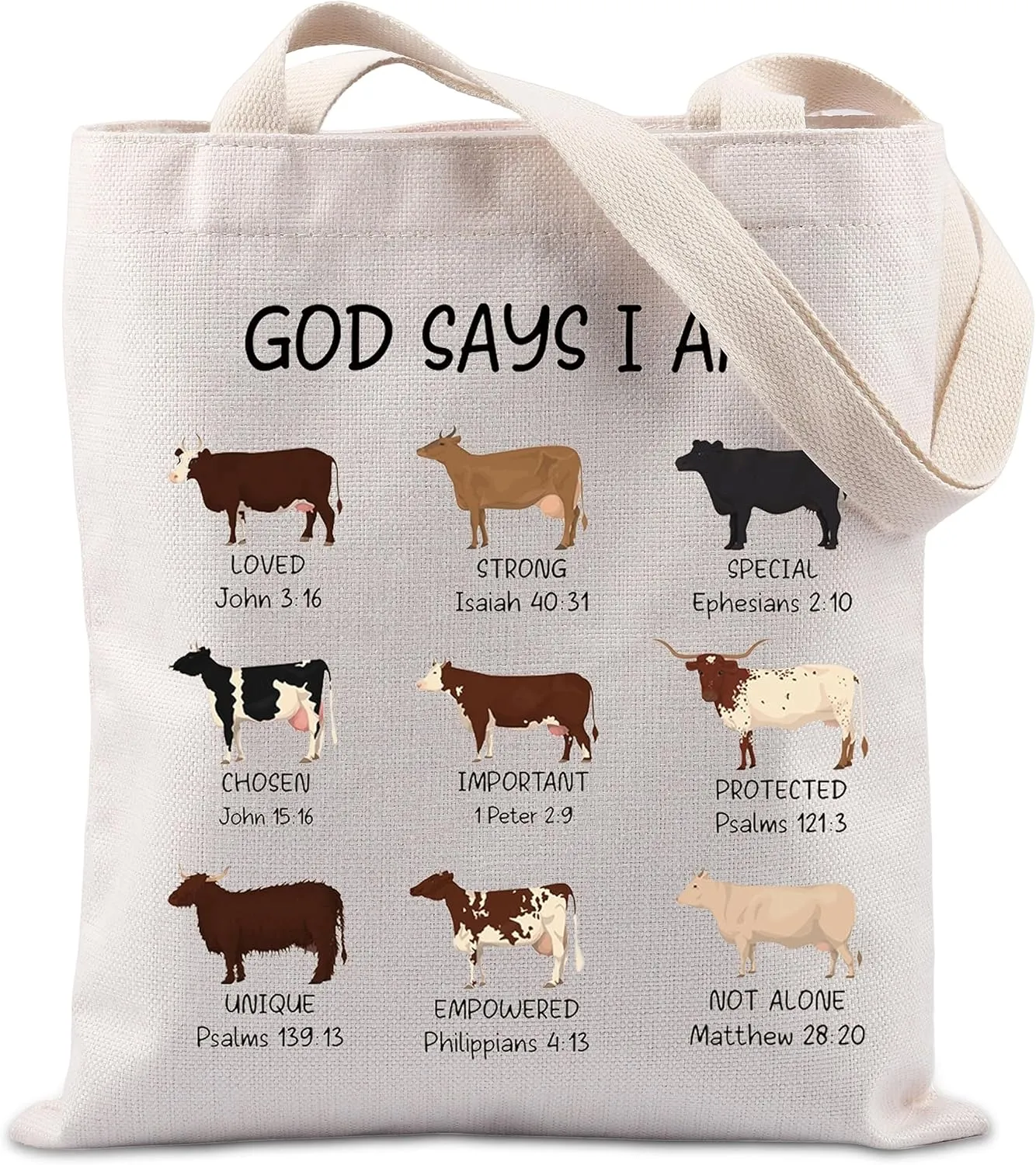 TIIMG God says I am Tote Bag Scripture Gift Verse Gift Cows Handbag Faith Gift Christian Inspirational Gift