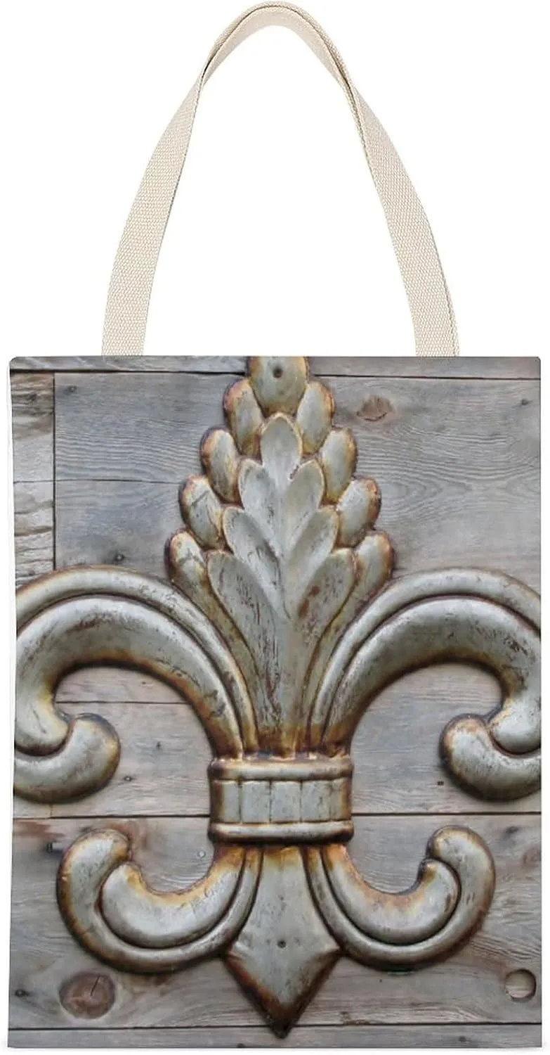 Tin Fleur-de-lis Detail Casual Canvas Tote Bag Big Capacity Handbag Shoulder Bag Reusable Grocery Canvas Tote Bags