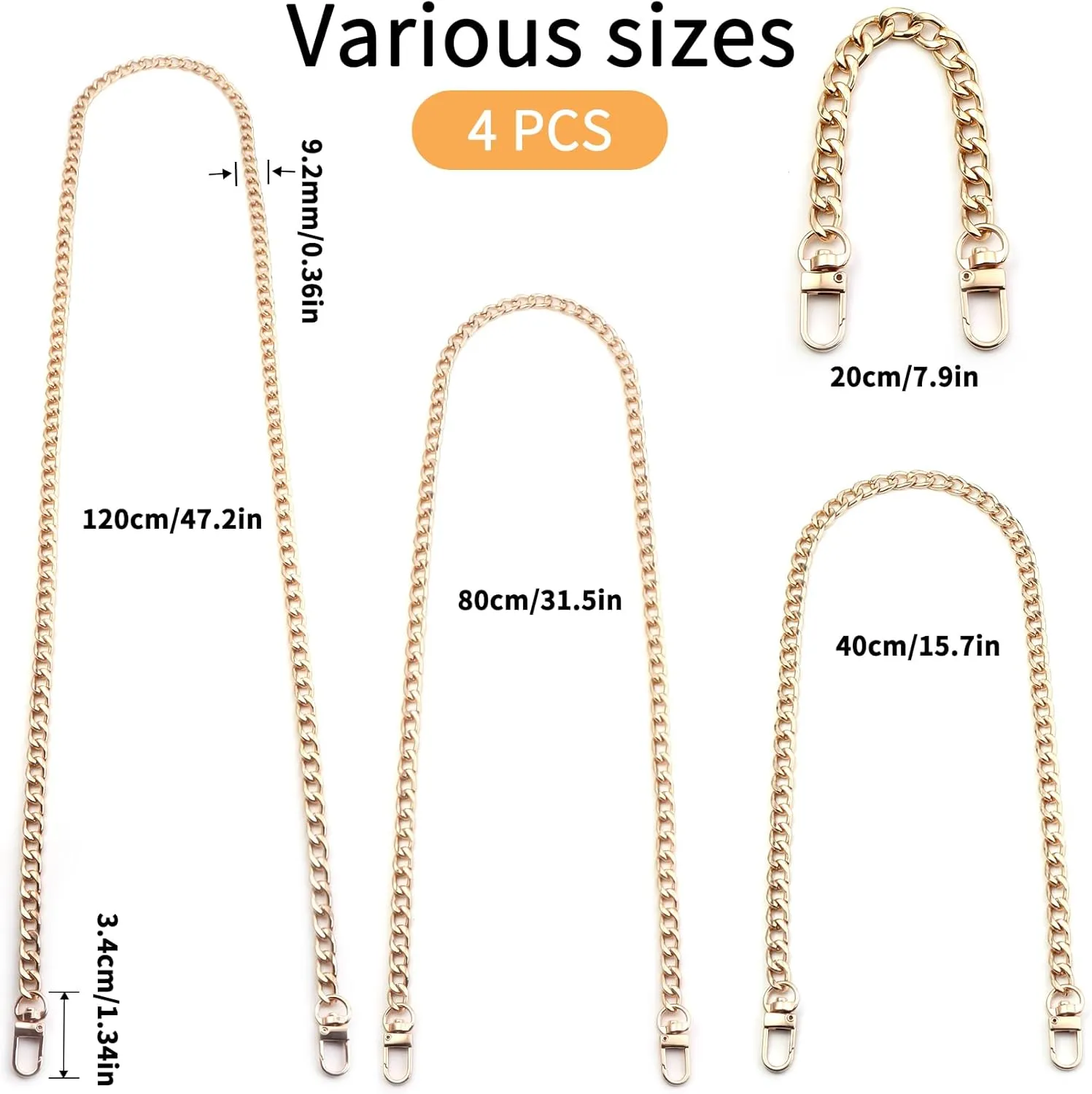 Tiparts Purse Strap Flat Purse Chain Strap Purse Straps Replacement Crossbody Bag Chain Purse Extender Chain for Handbags Shoulder Bag with Metal Buckles(7.9/15.7/31.5/47.2 Inches, Gold)