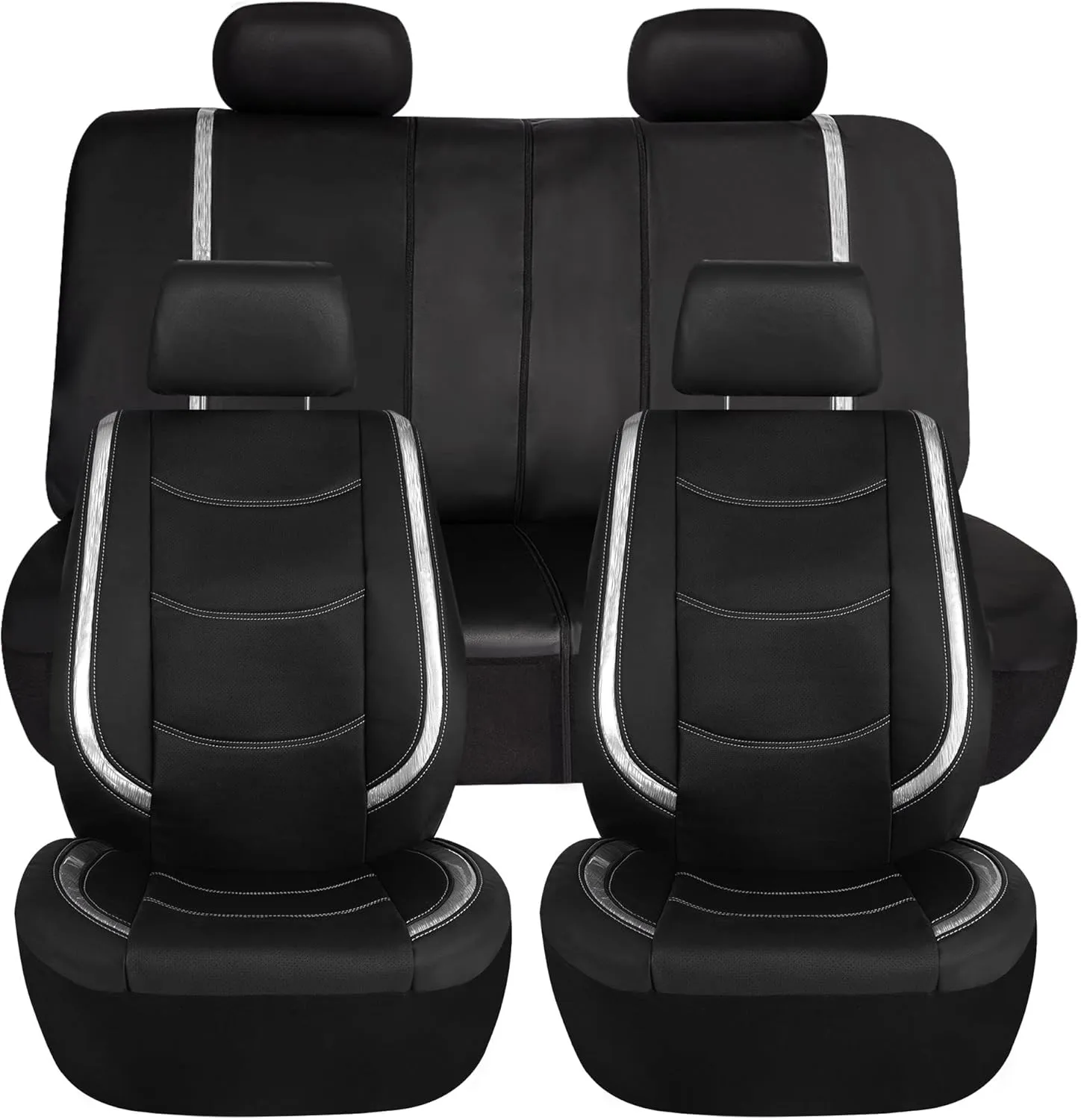 TLH Automotive White Car Seat Covers Galaxy13 Metallic Striped Deluxe Leatherette Seat Covers Built-in Pockets Anti-Slip Protection Universal Fit Car Seat Covers for Most Cars, Trucks, SUVs and Vans