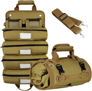 Tomorotec Heavy Duty Roll Up Tool Bag Organizer - Tool Roll Bag with 2 Detachable Pouches, Labeled Compartments & Expandable Pockets - Compact, Portable Storage