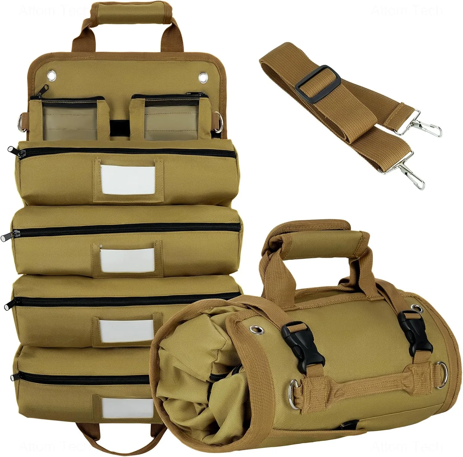Tomorotec Heavy Duty Roll Up Tool Bag Organizer - Tool Roll Bag with 2 Detachable Pouches, Labeled Compartments & Expandable Pockets - Compact, Portable Storage