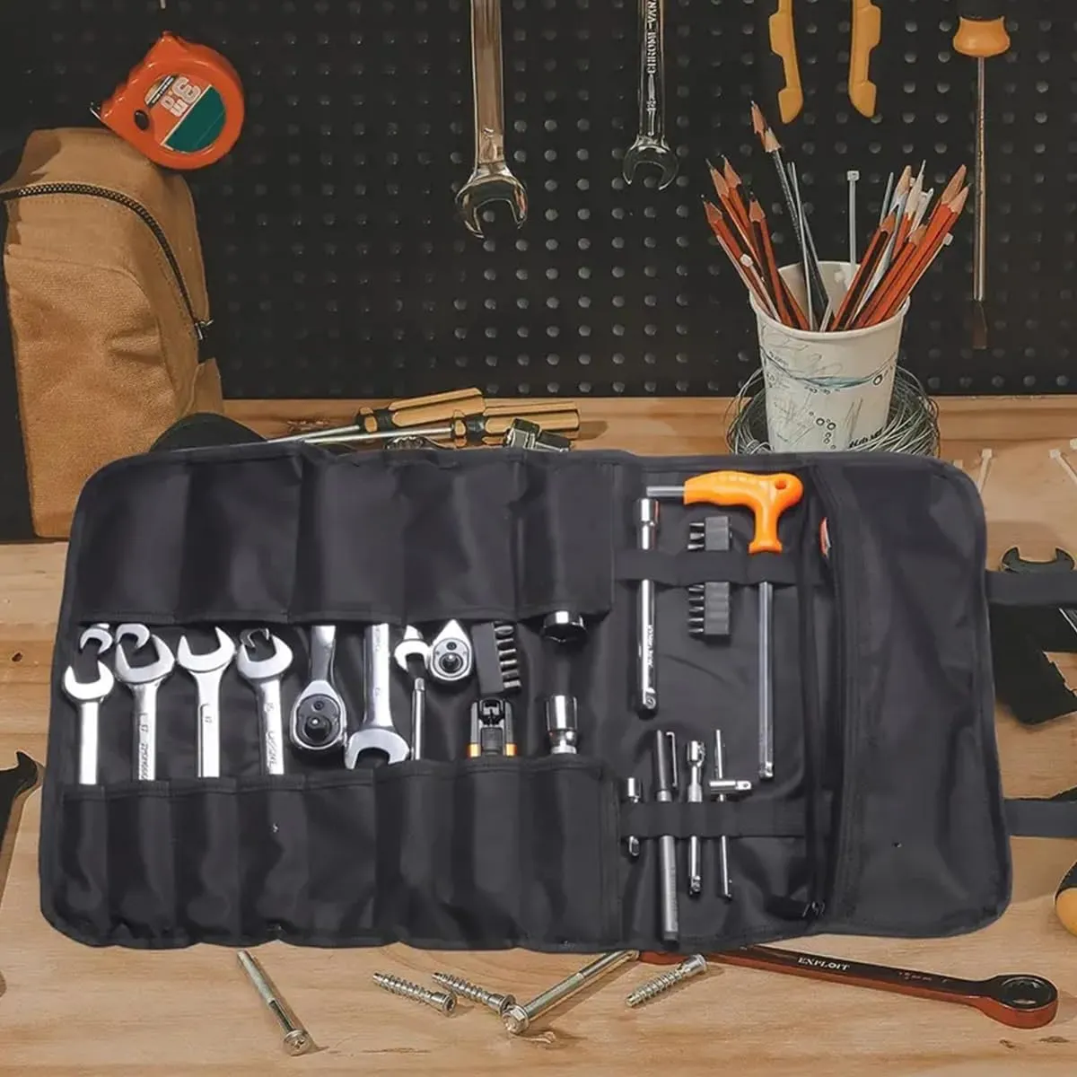 Tool Bags, Heavy Duty Roll Up Tool Bag Organizer and Storage,Gifts for Dad Tool Roll with Adjustable Shoulder Strap,Waterproof, Heavy Duty Wrench Tool Roll Up Tool Kit (kaqier black)