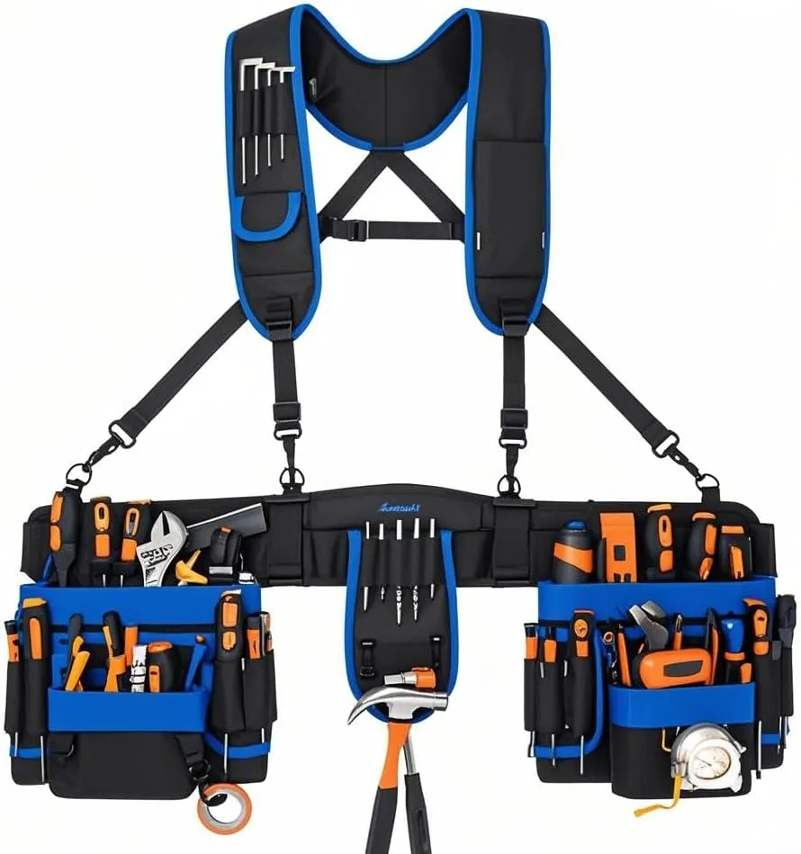 Tool Belt Suspenders, 33-Pocket Electrician Tool Belt, Tool Belts for Men with Detachable & Adjustable Tool Pouches Bag for Framers, Carpenter, Roofing, Contractor（33''-48'') Blue