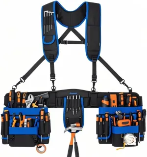 Tool Belt Suspenders, 33-Pocket Electrician Tool Belt, Tool Belts for Men with Detachable & Adjustable Tool Pouches Bag for Framers, Carpenter, Roofing, Contractor（33''-48'') Blue