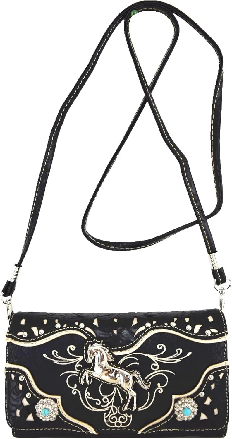 Tooled Leather Laser Cut Western Style Horse Cowgirl Purse Country Totes Women Handbag Everyday Shoulder Bags Wallet Set