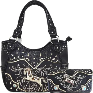 Tooled Leather Laser Cut Western Style Horse Cowgirl Purse Country Totes Women Handbag Everyday Shoulder Bags Wallet Set