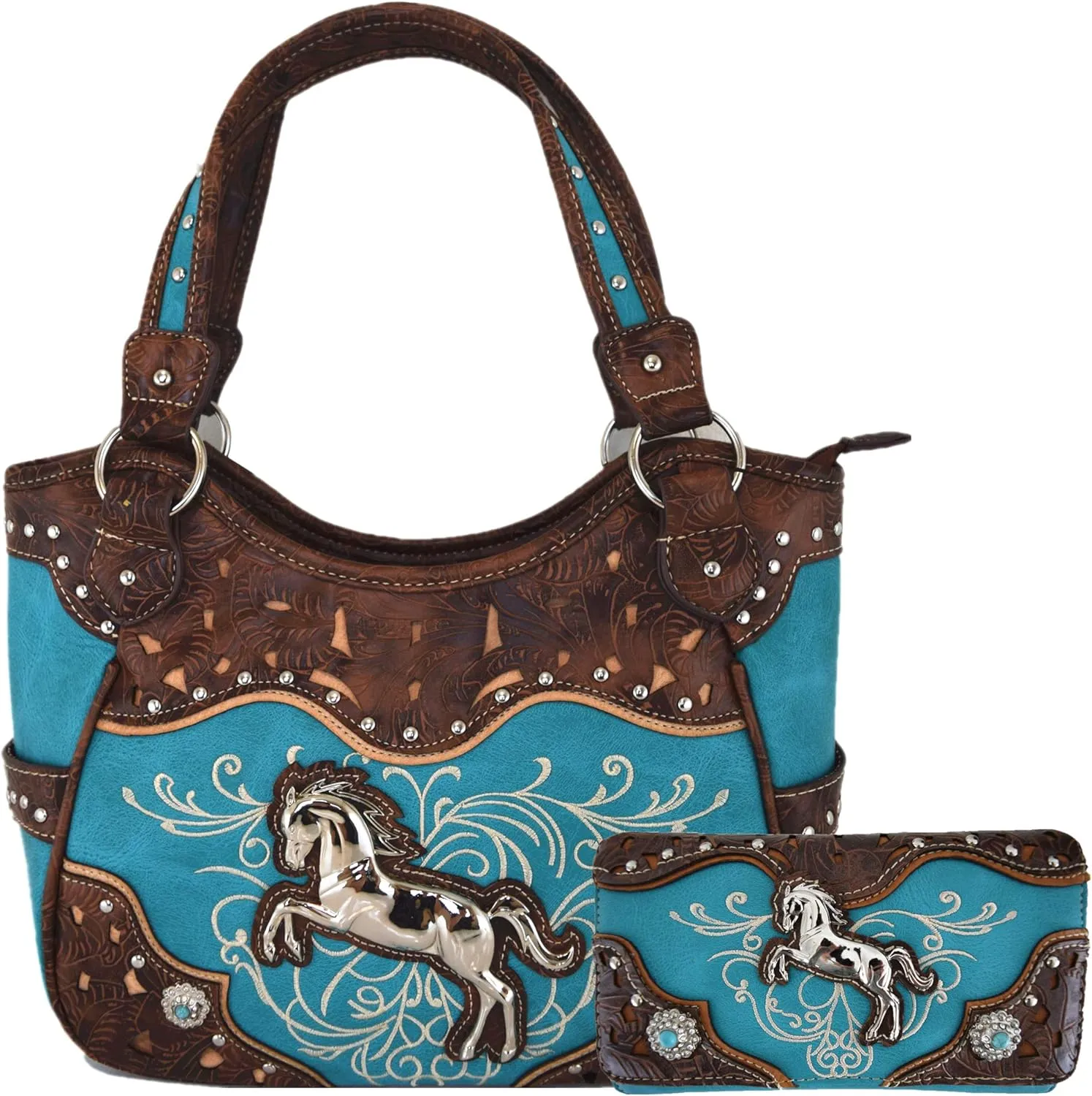 Tooled Leather Laser Cut Western Style Horse Cowgirl Purse Country Totes Women Handbag Everyday Shoulder Bags Wallet Set
