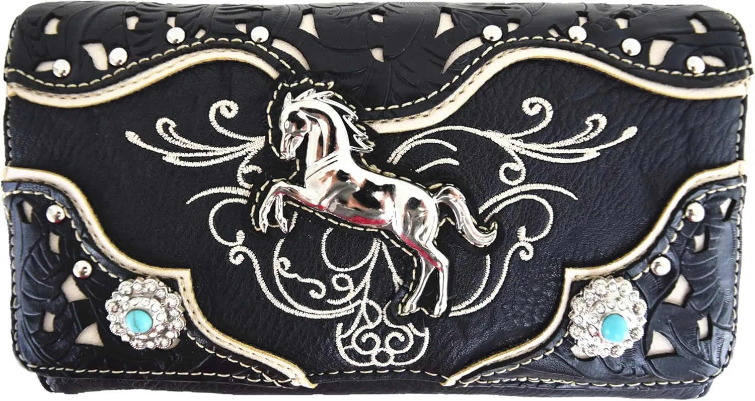 Tooled Leather Laser Cut Western Style Horse Cowgirl Purse Country Totes Women Handbag Everyday Shoulder Bags Wallet Set