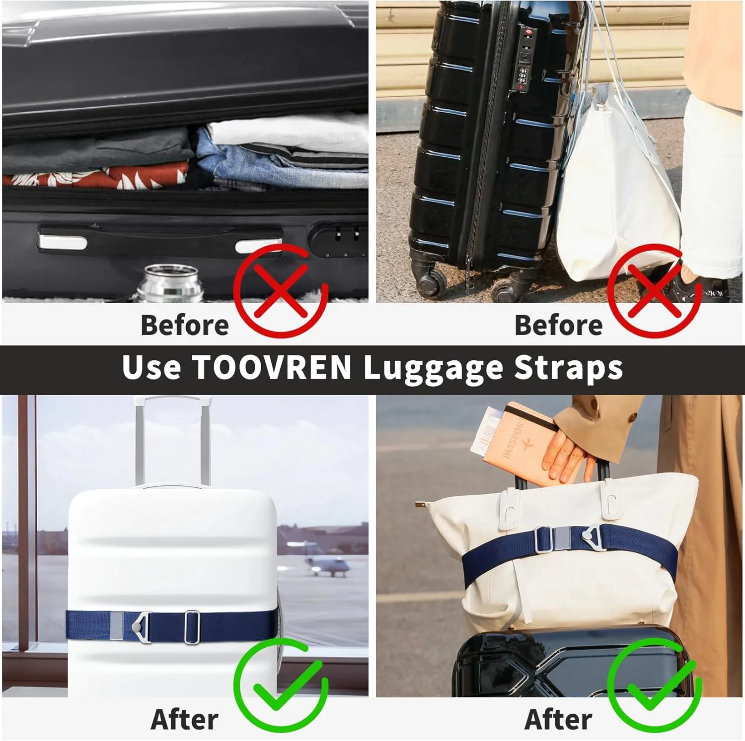 TOOVREN 2-in-1 Luggage Straps Add a Bag Bungees Travel Belt for Luggage Strap for Backpack Attachment Over Handle Carry On Bag Adjustable Elastic Suitcases Belt Travel Accessories Blue