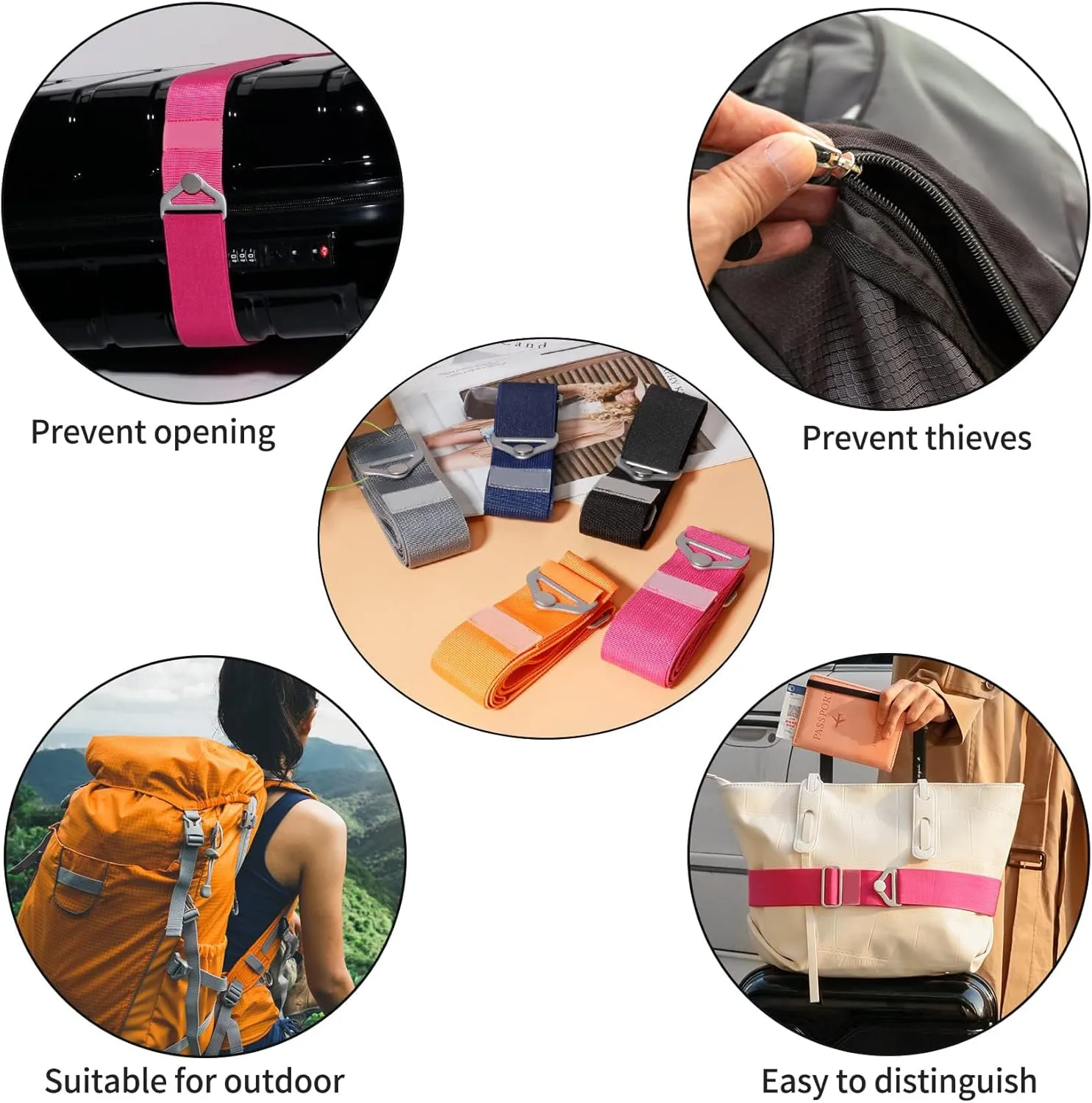 TOOVREN 2-in-1 Luggage Straps Add a Bag Bungees Travel Belt for Luggage Strap for Backpack Attachment Over Handle Carry On Bag Adjustable Elastic Suitcases Belt Travel Accessories Rose
